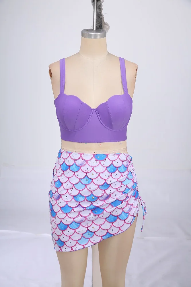 ROSEGAL-Bikinis con aros de talla grande para mujer, traje de baño con estampado de escamas de sirena de concha, falda ceñida, conjunto de Tankini de cintura alta