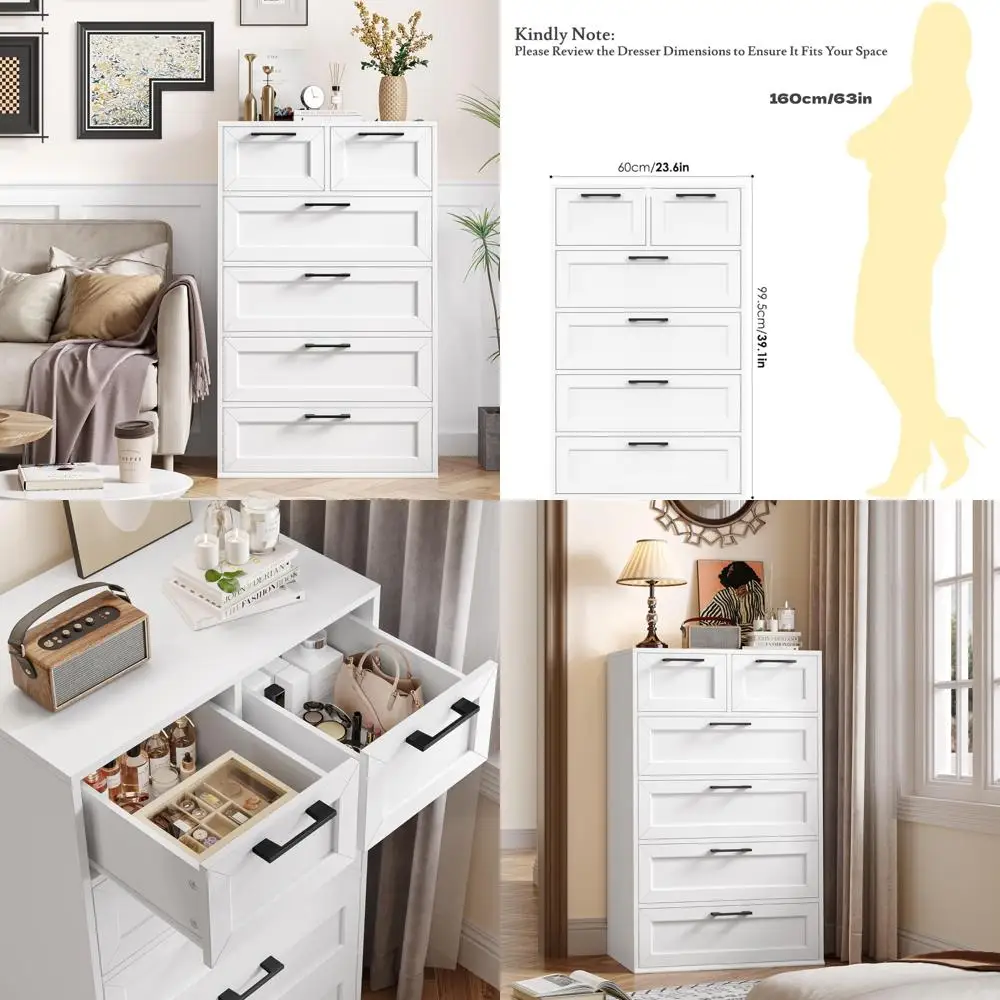 6 drawer white dresser, tall white dresser with large storage space, modern wood storage chest of drawers, for living room, hall