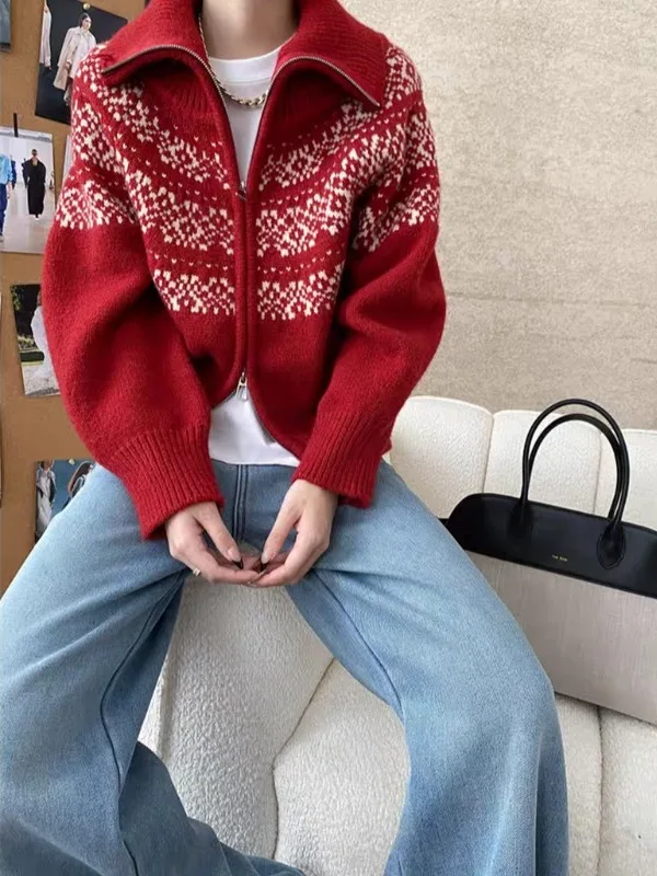 Christmas Theme Fair Isle High Neck Red Double Zipper Knitted Sweater Coat Women's Autumn Winter Lazy Style Open Cardigan Top