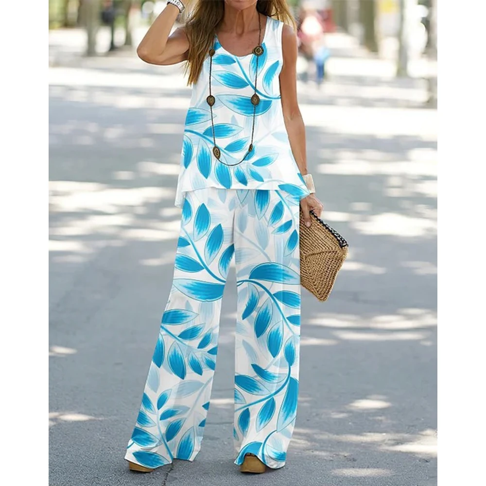 Women Floral Print Sleeveless Tank Top & Wide Leg Pants Set Loose Causal Streetwear Summer Suit Clothes Two Piece Set Women