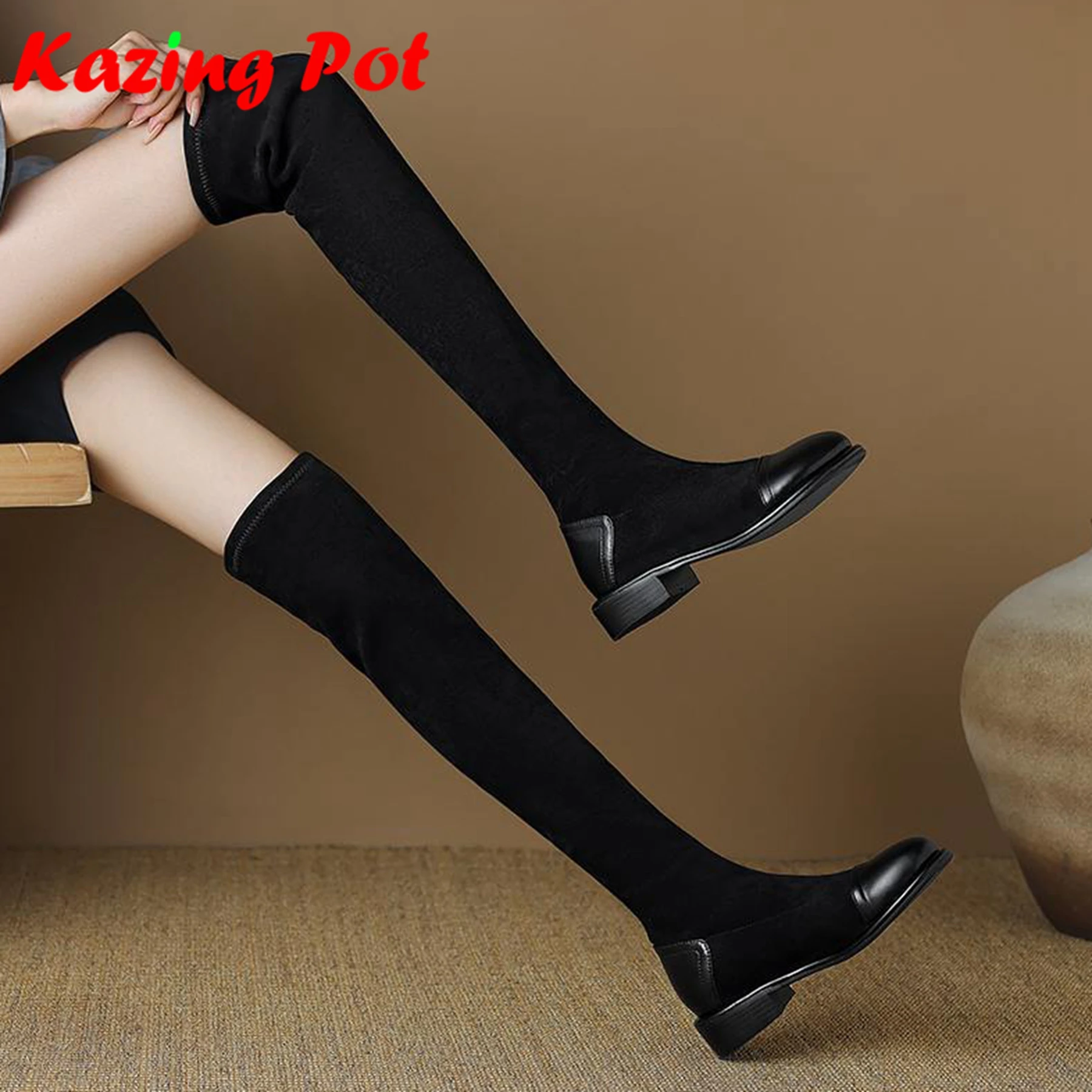 

Krazing Pot Microfiber Flock Med Heels Round Toe Stretch Long Boots Slip On Patch Work Elegant Modern Ins Over-the-knee Boots