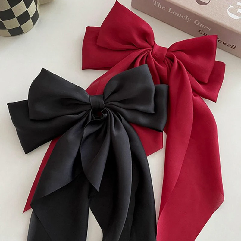 Bow Ribbon Hairpin Headwear Simple Elegant Satin Spring Clip Fixed Hair Clip Retro Party Headdress Red Hair Accessories