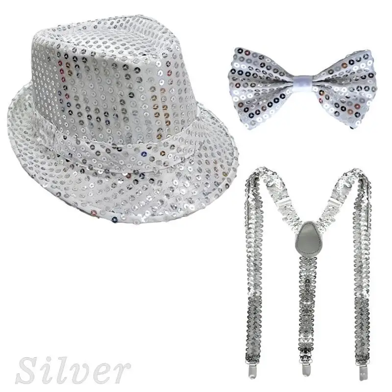 Retro 1970s 3 Piece Disco Performance Set Black Red Silver Sequin Hat Tie Suspenders Classic Men Party Stage Costume Accessory