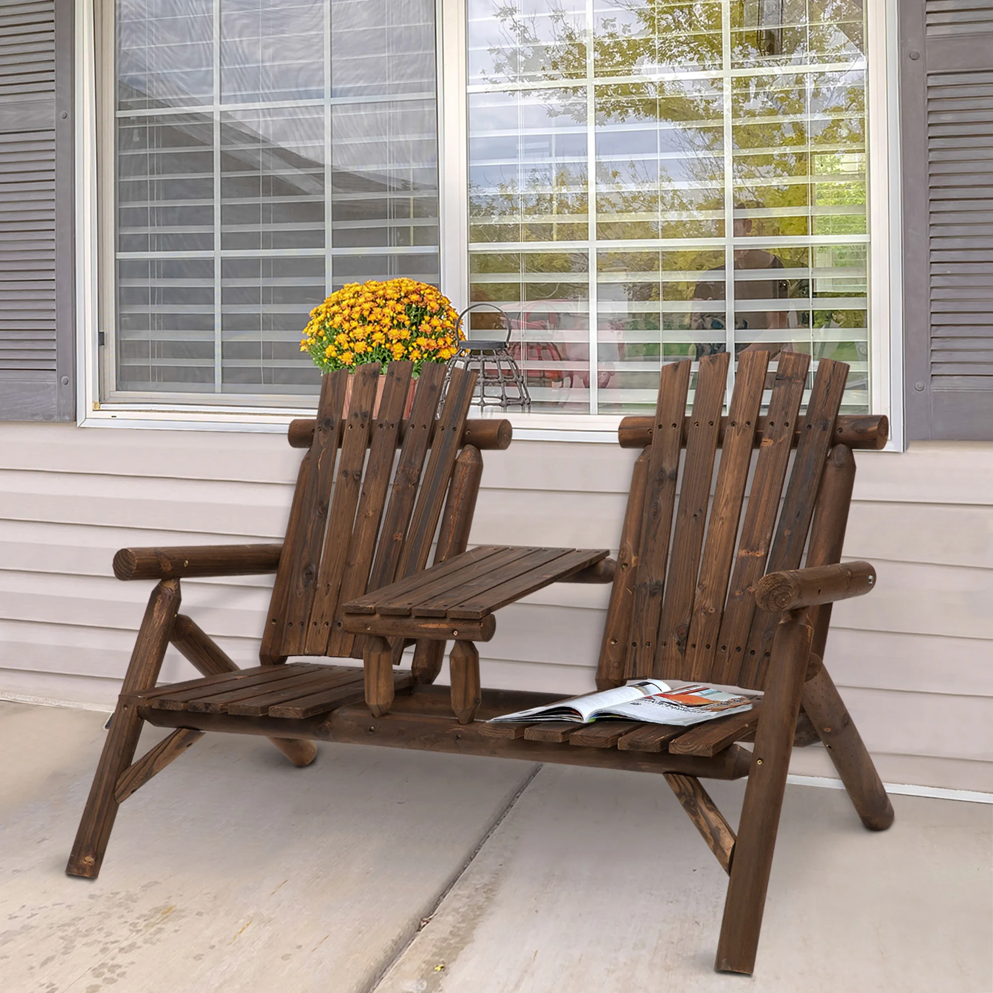 Outdoor Adirondack Double Bench with Center Table, Carbonized Finish