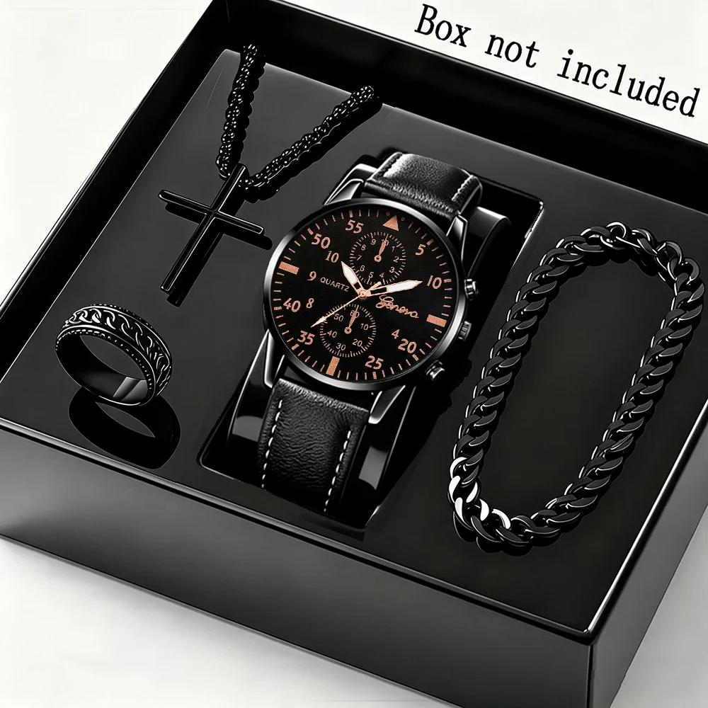 4Pcs/Set New‑style Fashion Men's Trendy Round Quartz Watch + Avant‑garde Pendant Necklace, Ring and Bracelet Jewelry Set