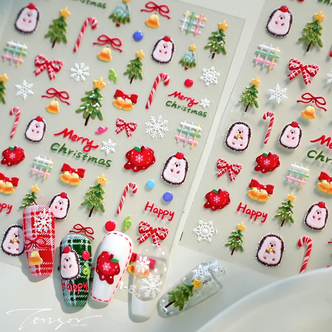 Hedgehog Apple Bowknot Snowflakes Christmas Pine Tree Bell Crystal Snowman Garland Winter Santa Claus Nail Art Stickers Decals