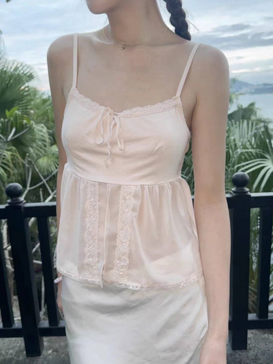 Lace Mesh Patchwork Crop Top Woman Summer Lace-up See Through Cropped Camisole Female Sweet Cute Preppy Style Thin Tank Tops New