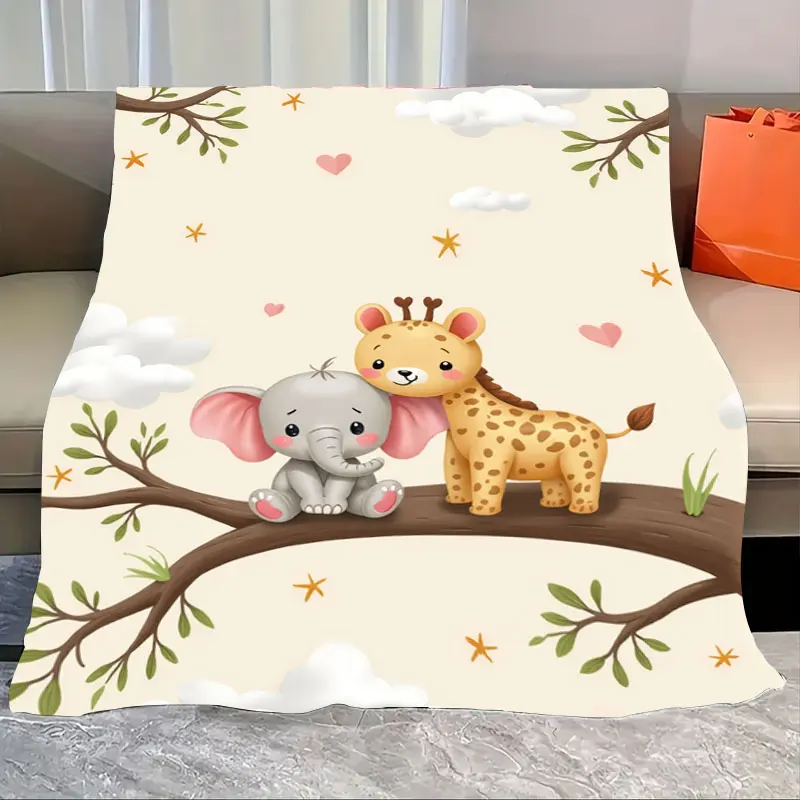 

1pc Flannel Blanket Cute Elephant & Giraffe Blanket for Kids, Soft Cozy Cartoon Animal Design Throw