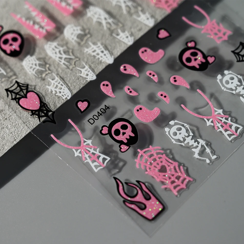 1pcs Shiny Crystal Ghost Spider Halloween Nail Stickers 3D Pink/White Spider Web Skull Bat Nail Decals Adhesive Halloween Decora