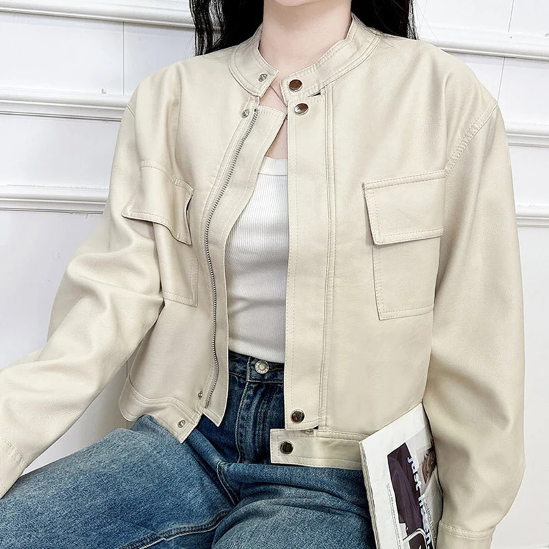 Spring Autumn New Pu Motorcycle Wear Women Y2K Vintage Stand Collar Zip Up Jacket American Street Loose Faux Leather Coat Mujer