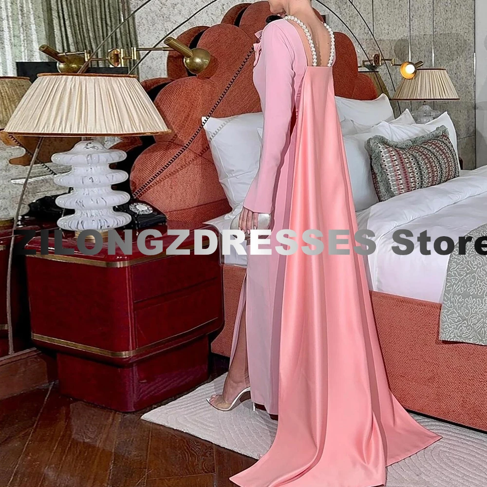 Elegant Pink Jersey Watteau Train Square Neck Evening Dress Exquisite 3D Flowers Straight Floor Length Long Sleeves Pleat Pearls