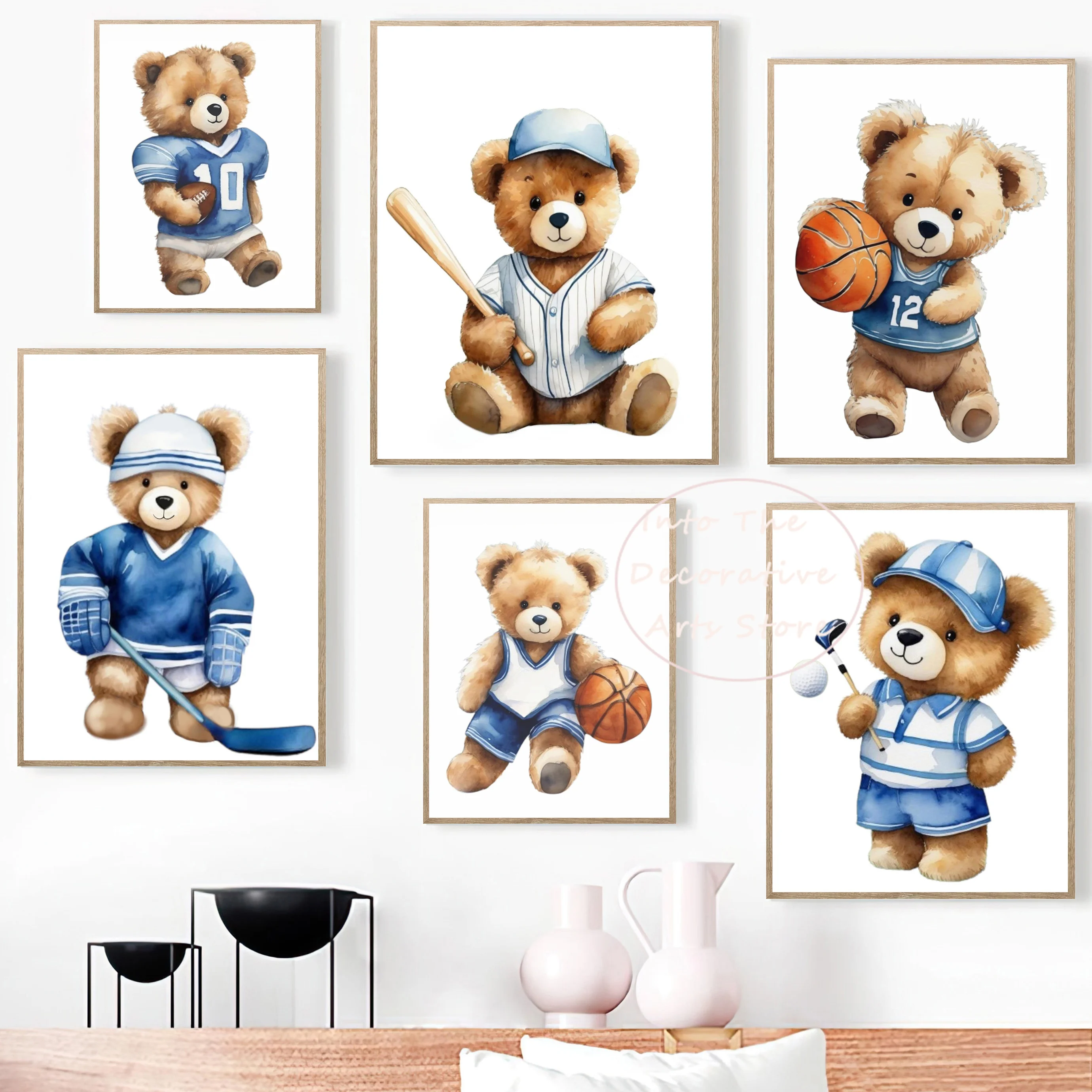 Cute Cartoon Brown Bear Sports Football Baseball Abstract Posters Prints Canvas Painting Wall Art Picture Living Room Home Decor