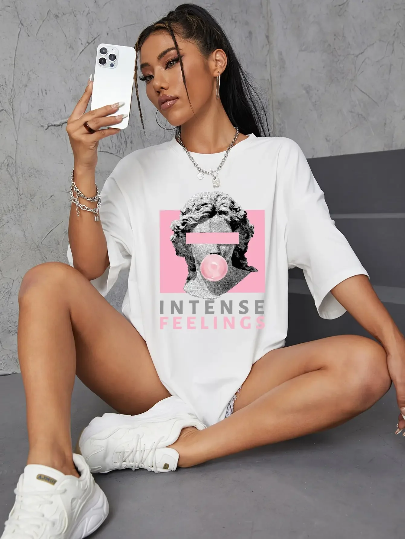 Women Tshirt INTENSE FEELINGS Street Hip Hop Female T-Shirts Loose Oversize Short Sleeve Tops Summer Breathable Tee Clothing