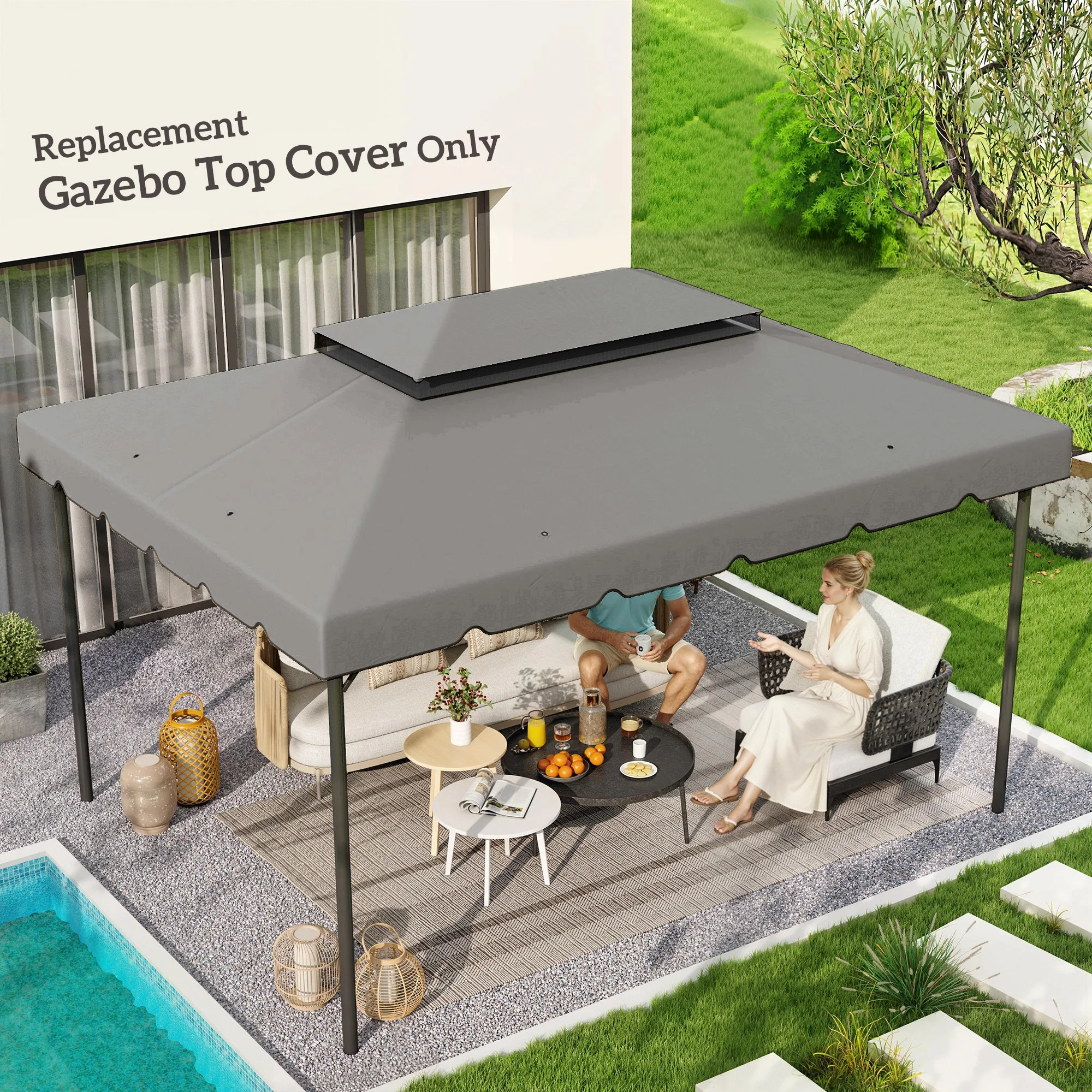 Bild 4: Ersatzplane für Pavillon-Dach, Ersatzplane für Gartenpavillon, Stoff aus Polyester, 4x3 m, hellgrau