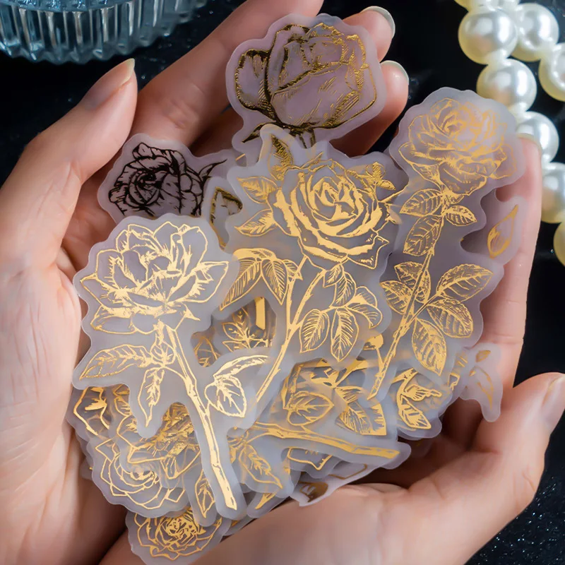 40Pcs Foil Roses Stickers Material Engagement Transparent paper gold Bronzing Base Decorative handbook Scrapbooking 134*80MM