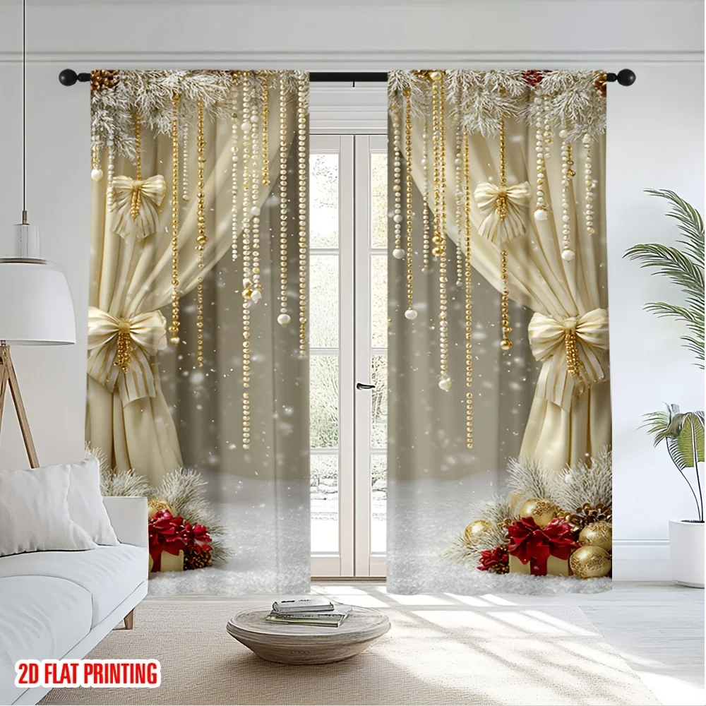 2pcs 2D Flat Christmas Sheer Polyester Curtains with Rod Pocket – for Bedroom & Living Room