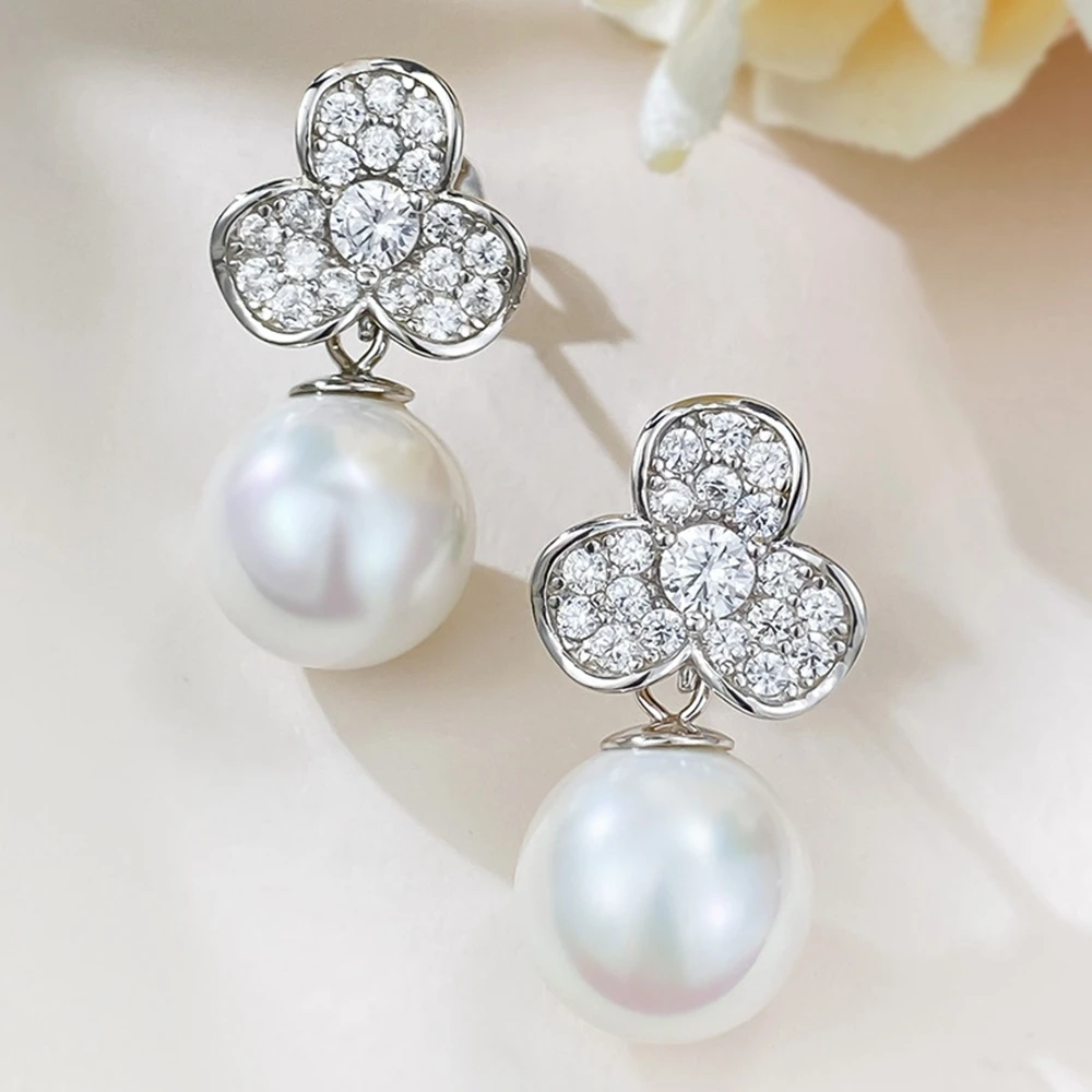 Vinregem 11MM Pearl High Carbon Diamond Gemstone Flower Drop Dangle Earrings 925 Sterling Silver Wedding Party Jewelry Wholesale