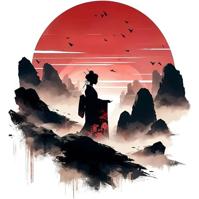 Japanese Geisha Sunset Vinyl Sticker Ink Wash Anime Decal for Car Rearview Mirror Cute Cartoon Otaku Style Decoration