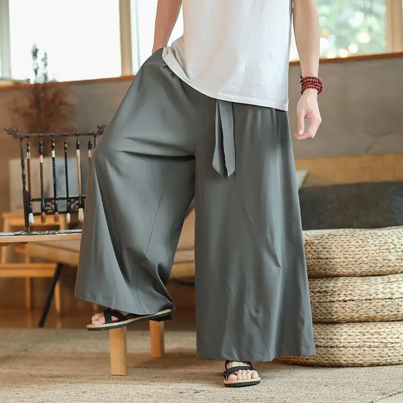 

Cozy Black Ice Silk Hakama Kung Fu A Wide Bottom Wushu Kimono Chinese Mens Cotton Wide Pants For Mens East Style Grey