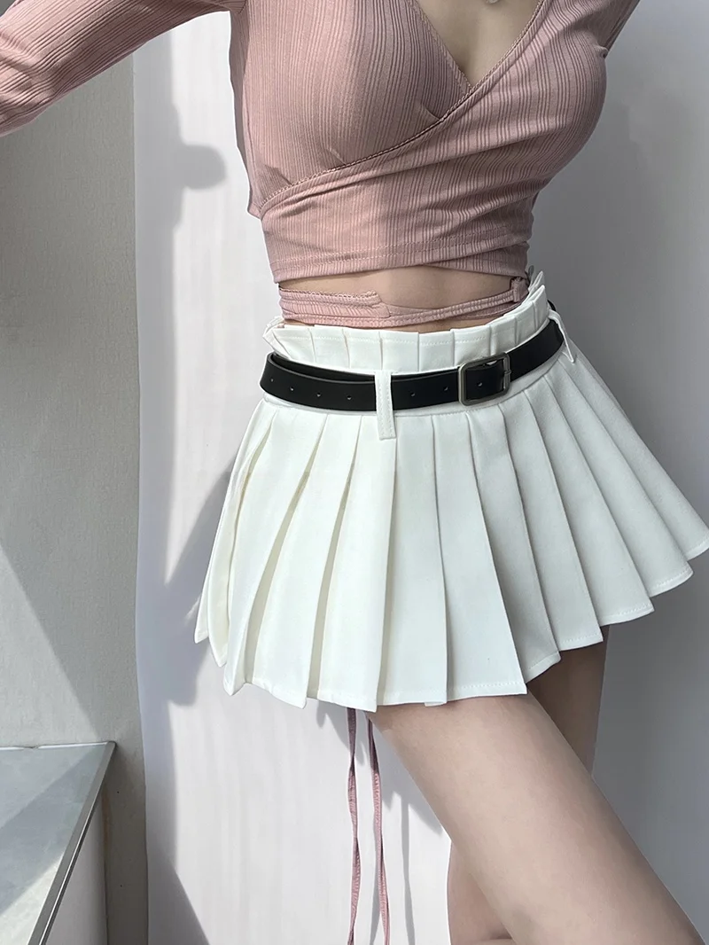 Sexy Short  Skirt for Women High Waist A-Line Pure Color Anti-Light Thinming Belted Summer Fashion Cotton Village