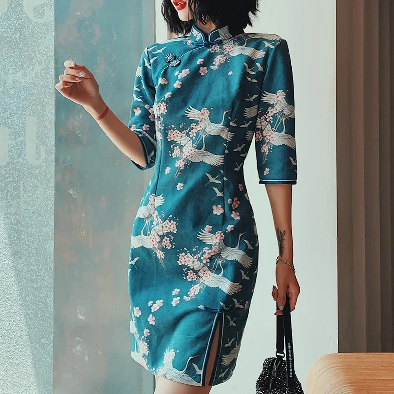 Cheongsam Qipao Crane Print Chinese Traditional Autumn Asian Streetwear Improved Oriental Dress 11636 MN8