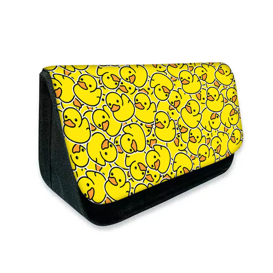 Neues gelbes Enten-Dreieck-Doppelschicht-Flip-Federmäppchen für Jungen/Mädchen, beste Geschenke, 2D flache Cartoon-Federtasche, Schulbedarf