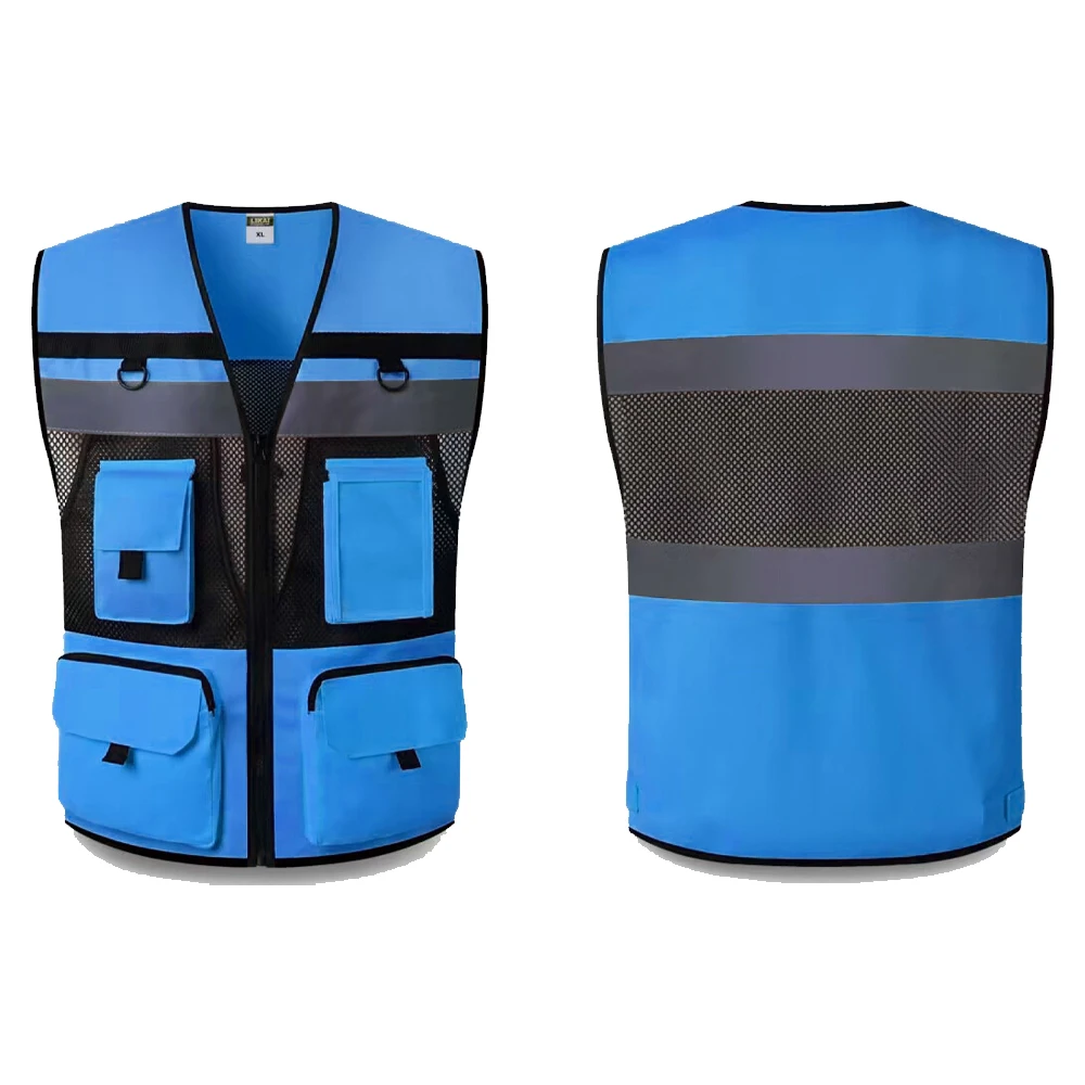 Men's Work Vest Multiple Pockets Traffic Duty Protection Construction Breathable Night Warning Working Clothes