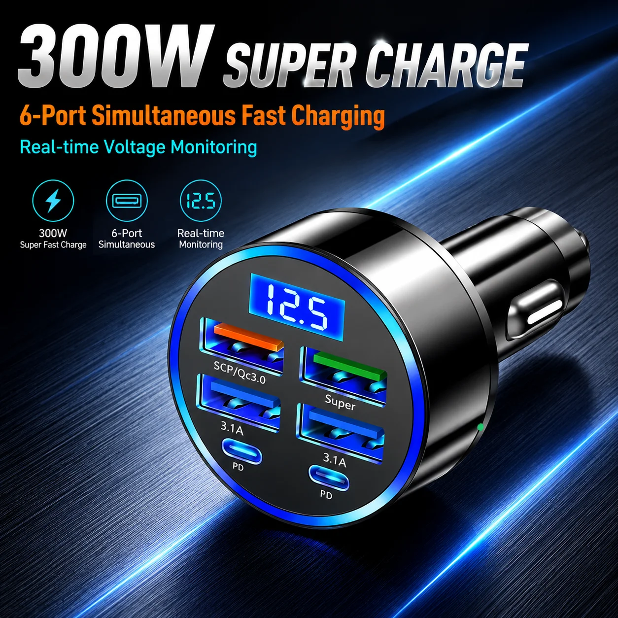 Carregador de Carro 300W com 6 Portas, Dual Type-C PD QC3.0, Display Digital, Carregamento Rápido para Smartphones, Tablets e Power Banks, Preto