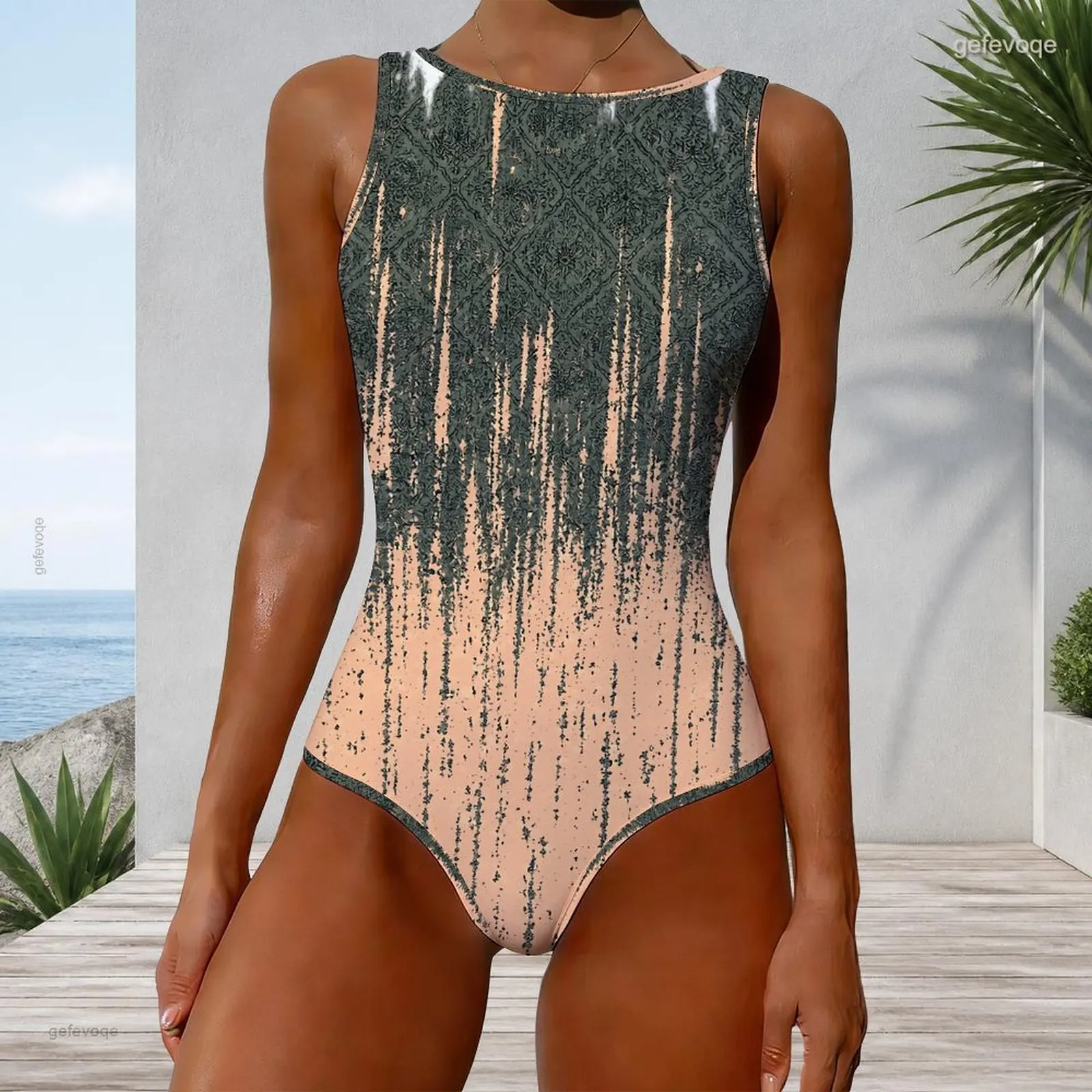 Printed Swimsuit for Women High Round Neck Sleeveless One Piece