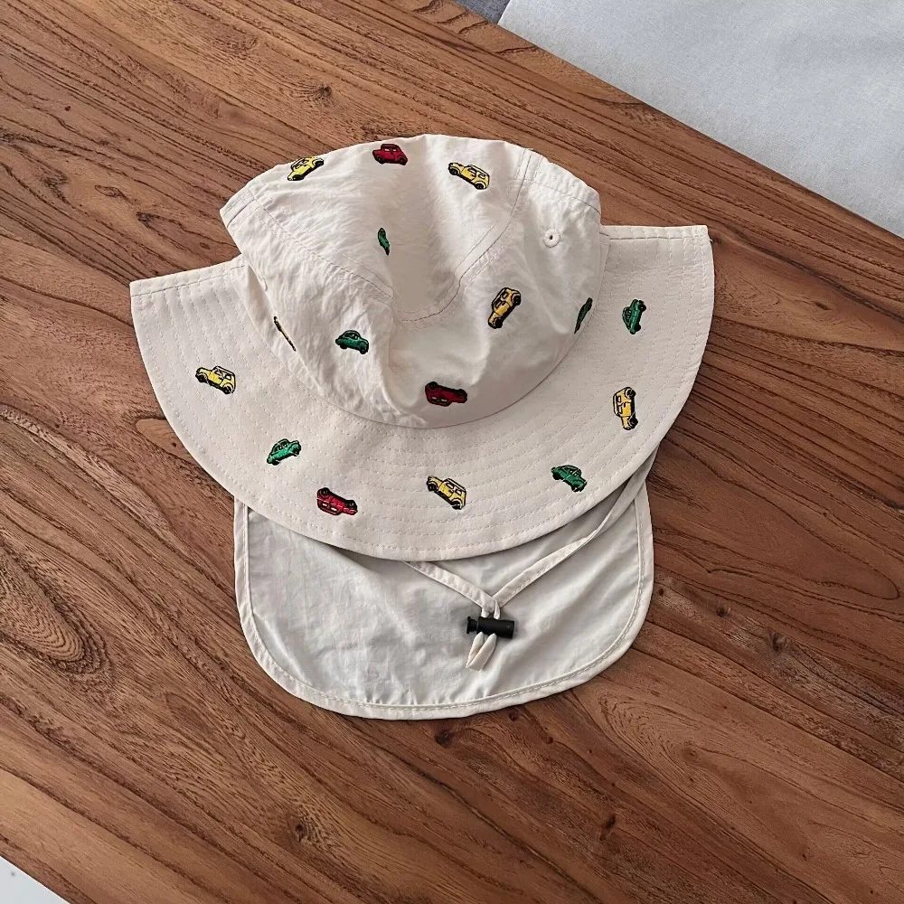 

Summer Embroidery Baby Sun Hat Anti UV Quick-dry Kids Bucket Hat Neck Protection Breathable Travel Beach Hat