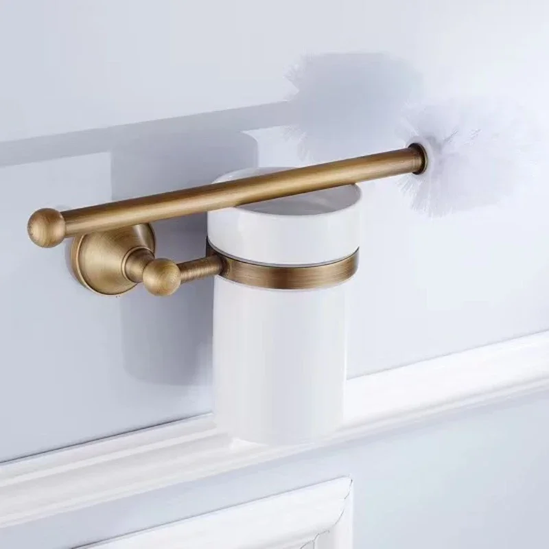 Hardware Retro Bathroom Pendant, White Ceramic Cup, Brass Handle, Toilet Brush Rack, Suitable for Bathroom Decoration