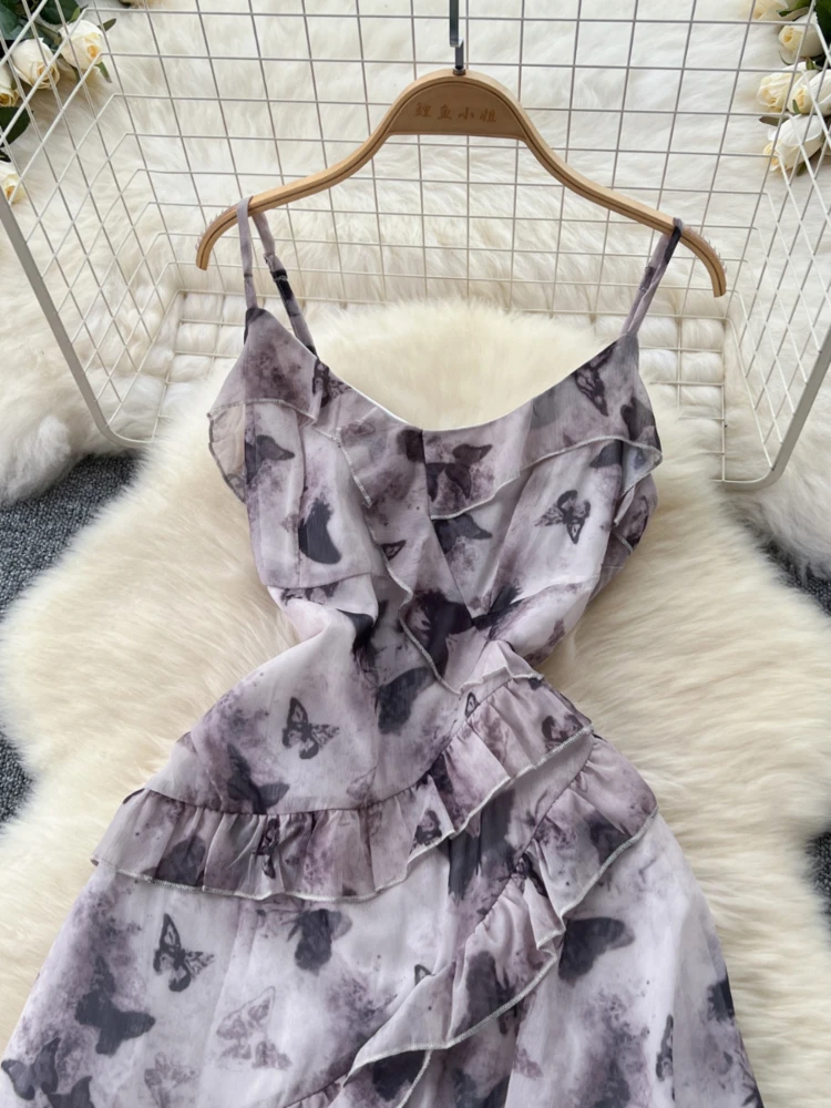 Beach Summer Dress Women French Vacation Camisole Dress Niche Ruffle Edge Patchwork Irregular Print Dress