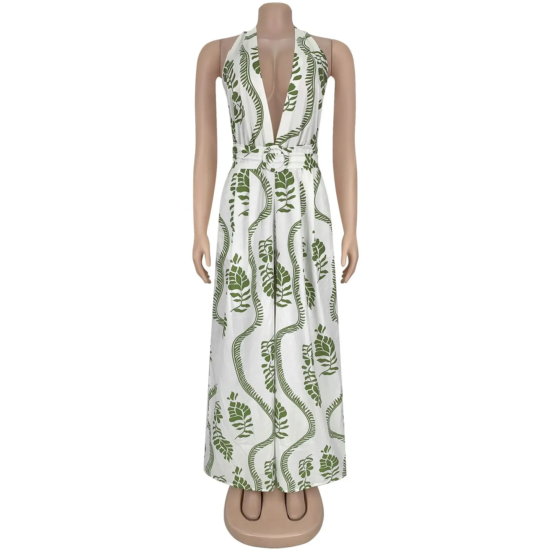 BWQ-monos sin mangas con estampado de hojas para mujer, traje de una pieza con cuello en V y pierna ancha, trajes con fajas para playa y discoteca, traje de una pieza, 2025