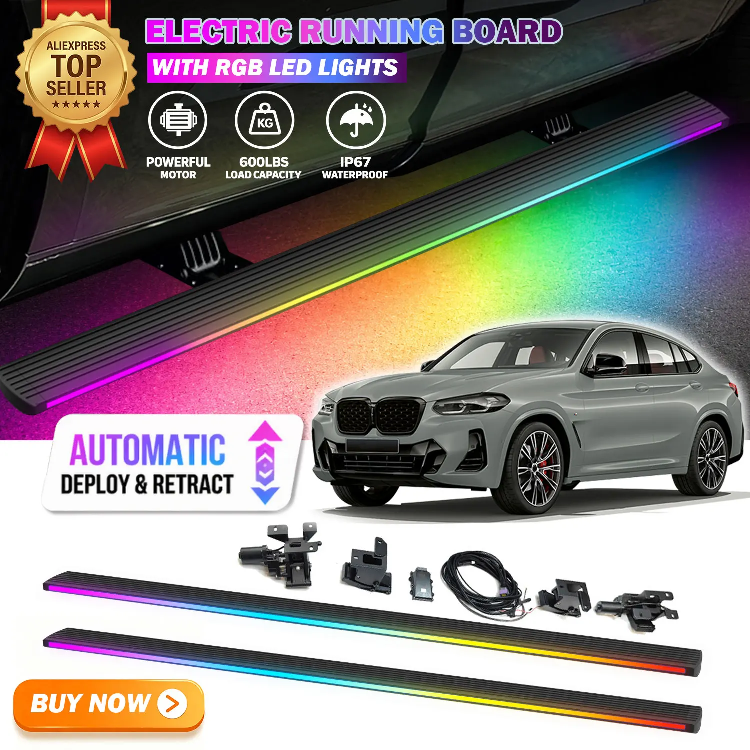 Deployable Power Electric Running Boards Fits For BMW X4 G02 2019-2024 with LED Light Strips Side Step Nerf Bars