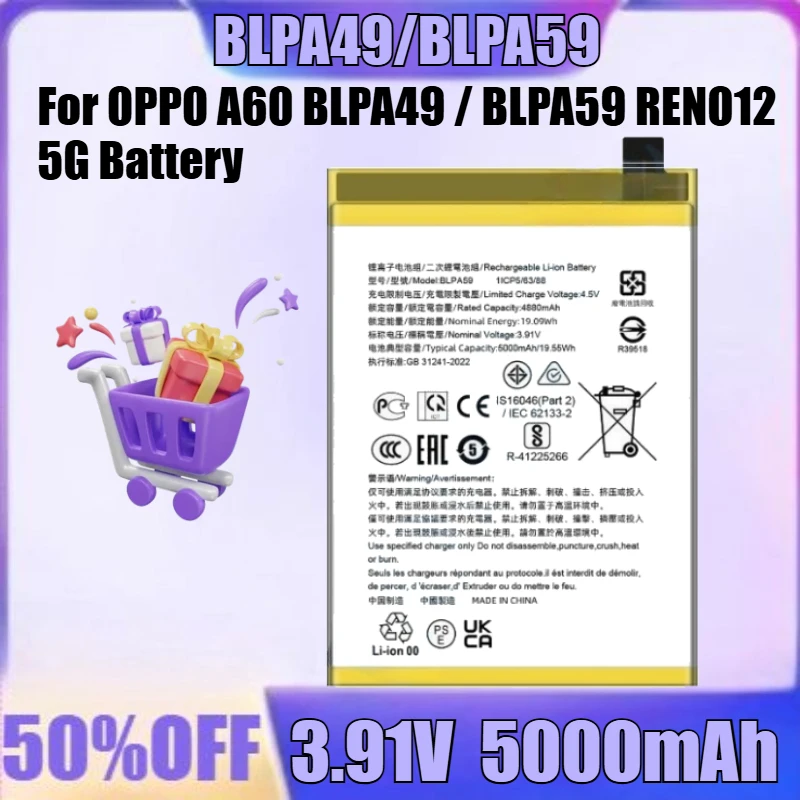 New BLPA49 / BLPA59 3.91V 5000mAh High Quality Battery New for OPPO A60 BLPA49 / BLPA59 RENO12 5G Battery