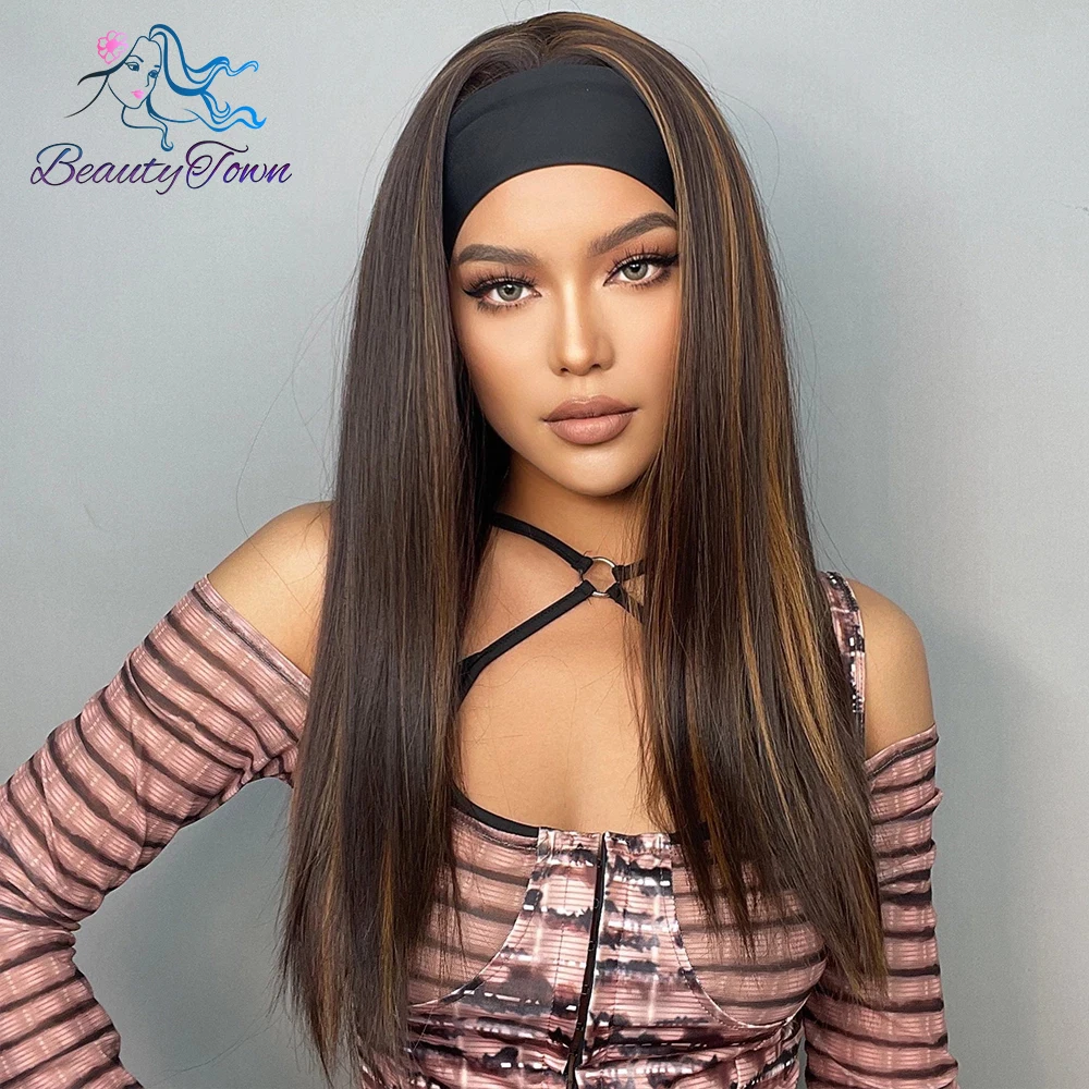BeautyTown Brown Highlight Synthetic Straight Wigs Body Wave Headband Wigs For Women 30 Inch Full Machine Made Wig Daily Cosplay