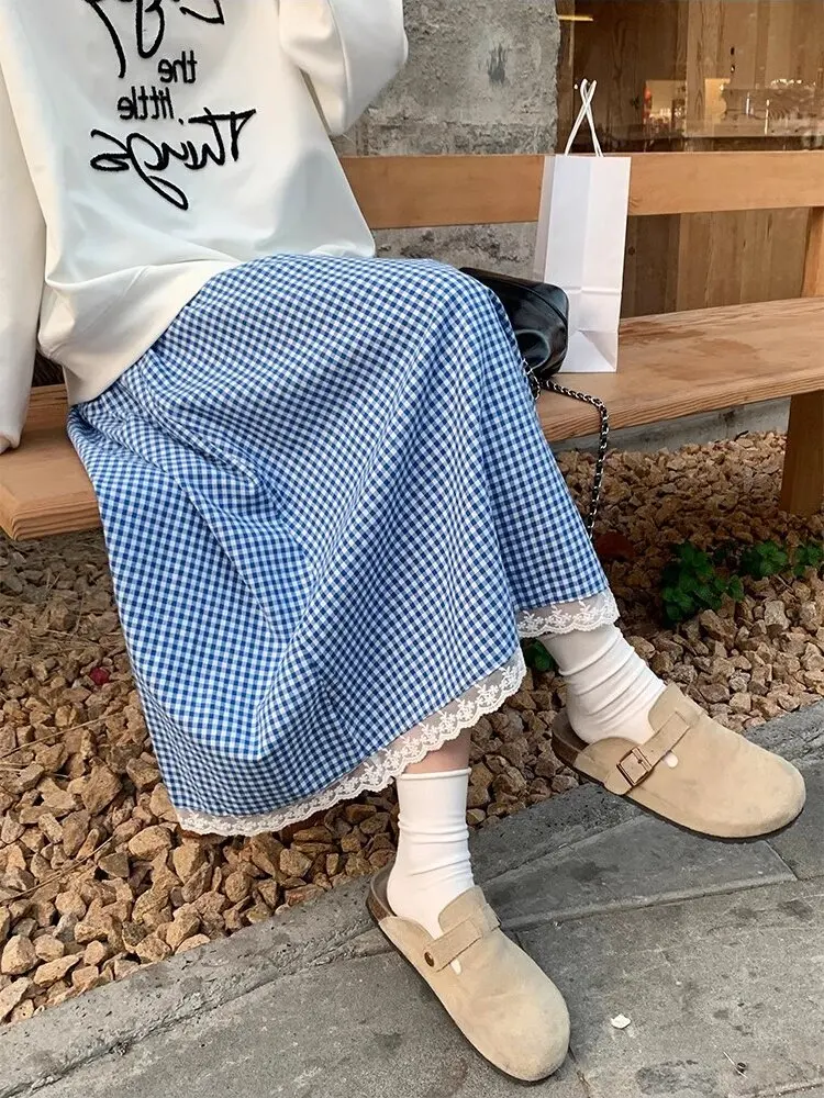 Sweet Preppy Korean Women High Waist A-line Skirts Preppy Style Girls Sweet Lace Cake Skirts Women's Long Midi Skirts Streetwear