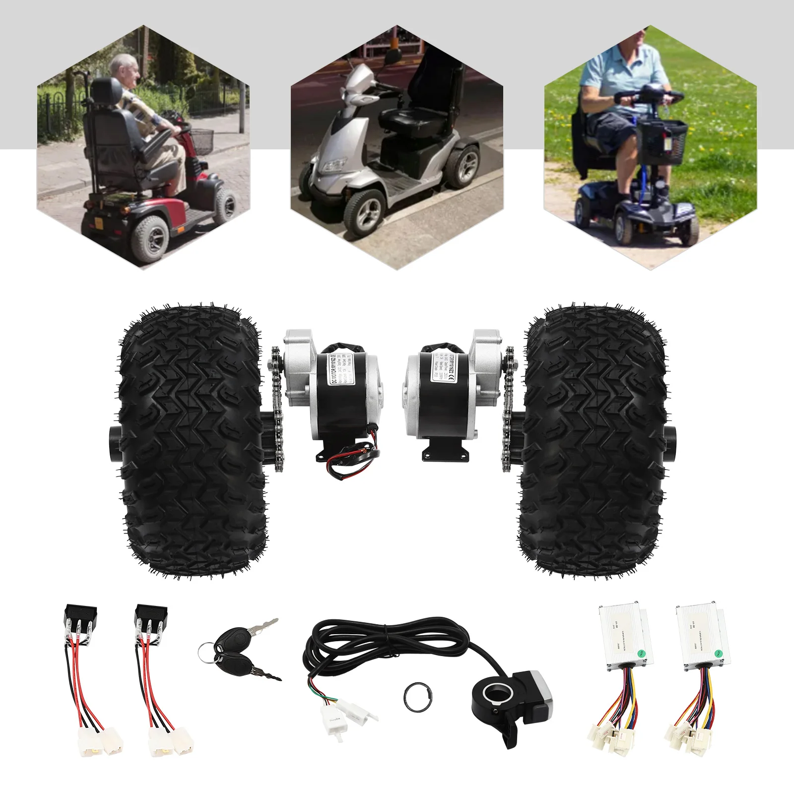 250W 24V 10in Double Wheel Set Motor Drive Air Wheel Conversion Kit for small go-karts, electric wheelchairs and senior mobility