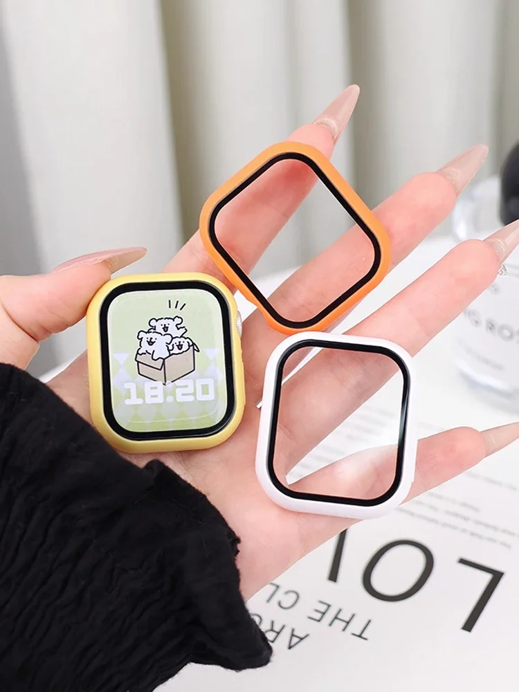 واقي شاشة لساعة أبل 45 مللي متر 41 مللي متر 44 مللي متر 40 مللي متر 42 مللي متر زجاج مقسى + غطاء مصد للكمبيوتر الشخصي ساعة أبل سلسلة 9 4 5 6 SE 7 8