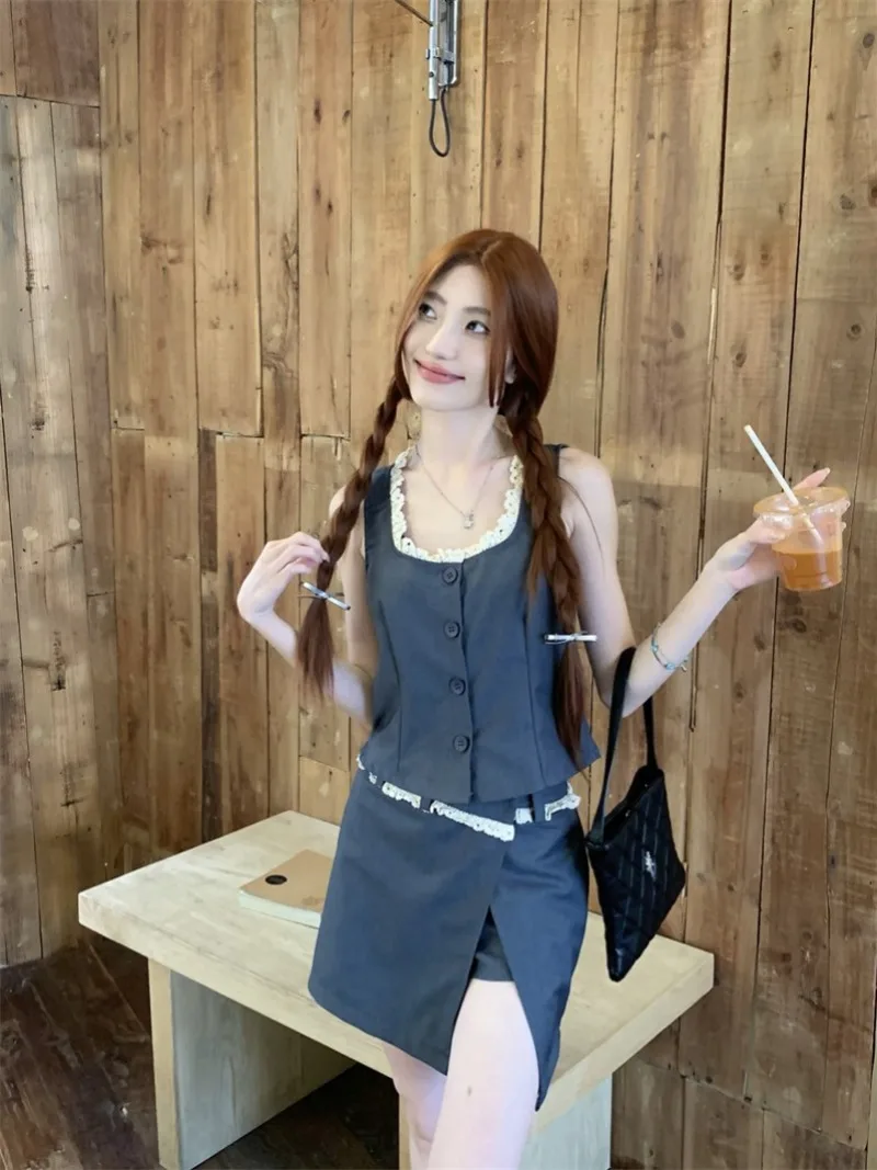 

Sweet Hot Girl Sexy Suit Women's Summer Lace Slim Tank Top High Waist Shorts Two-piece Set Fashion Female Clothes