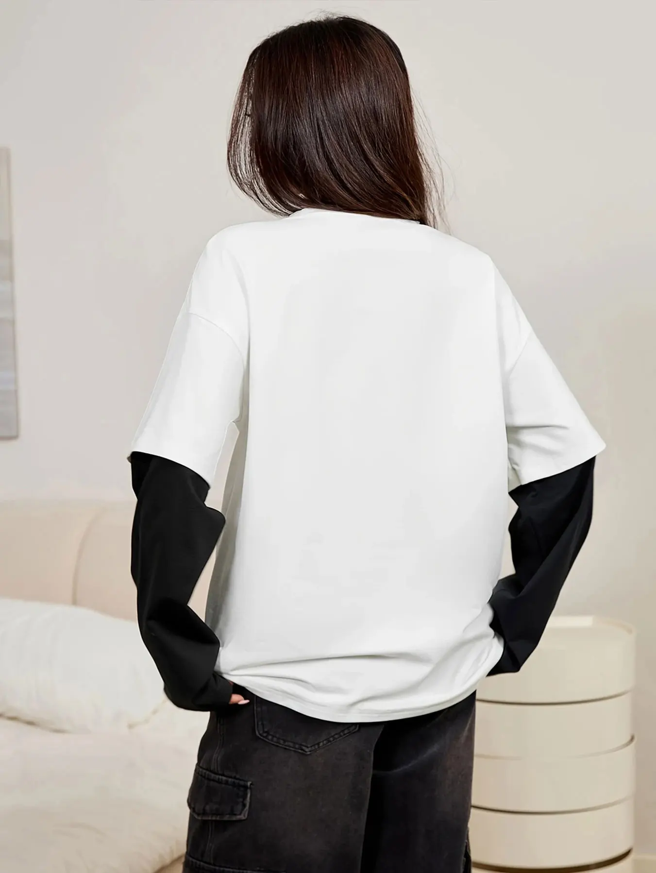 Camisetas de manga larga de estilo callejero para mujer, diseño falso de dos piezas, Top Y2k, camisetas de manga larga de gran tamaño