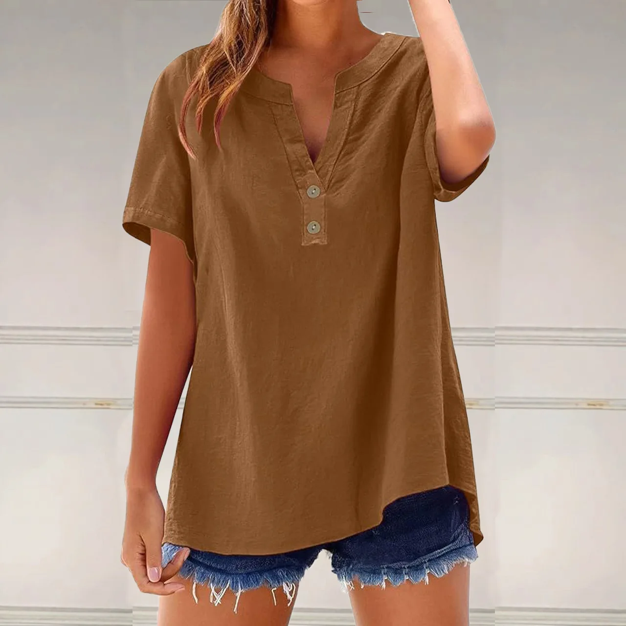 Frühling Sommer Damen Leinen-Baumwoll-Bluse mit V-Ausschnitt und Halbknopfleiste Kurzarm Locker Sitzend Einfarbig Lässige Alltags-Basis-Oberteile