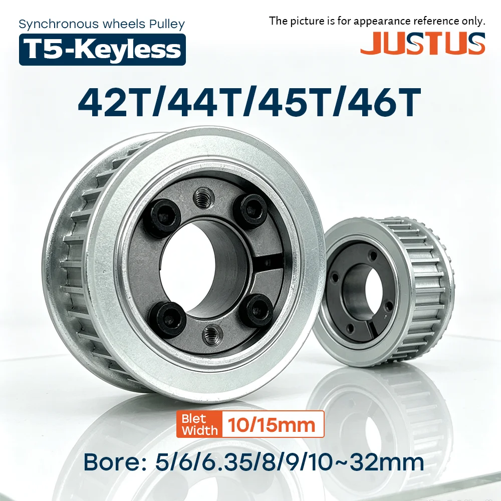 T5 Trapezoidal Tooth Synchronous Pulley, 42T/44T/45T/46T, Keyless Bushing Bore 5–32mm, Compatible with 10/15mm Width Timing Belt