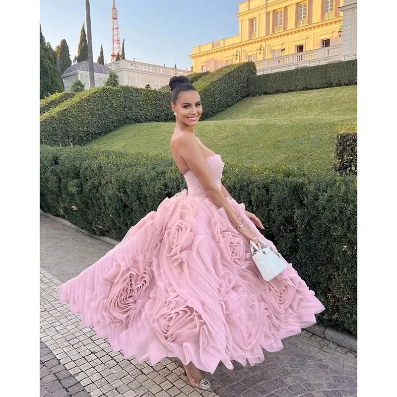 Fashion Pink Strapless Evening Dress Saudi Arabia Pleats Prom Gown Sleeveless Ankle Length Formal Occasion Dresses