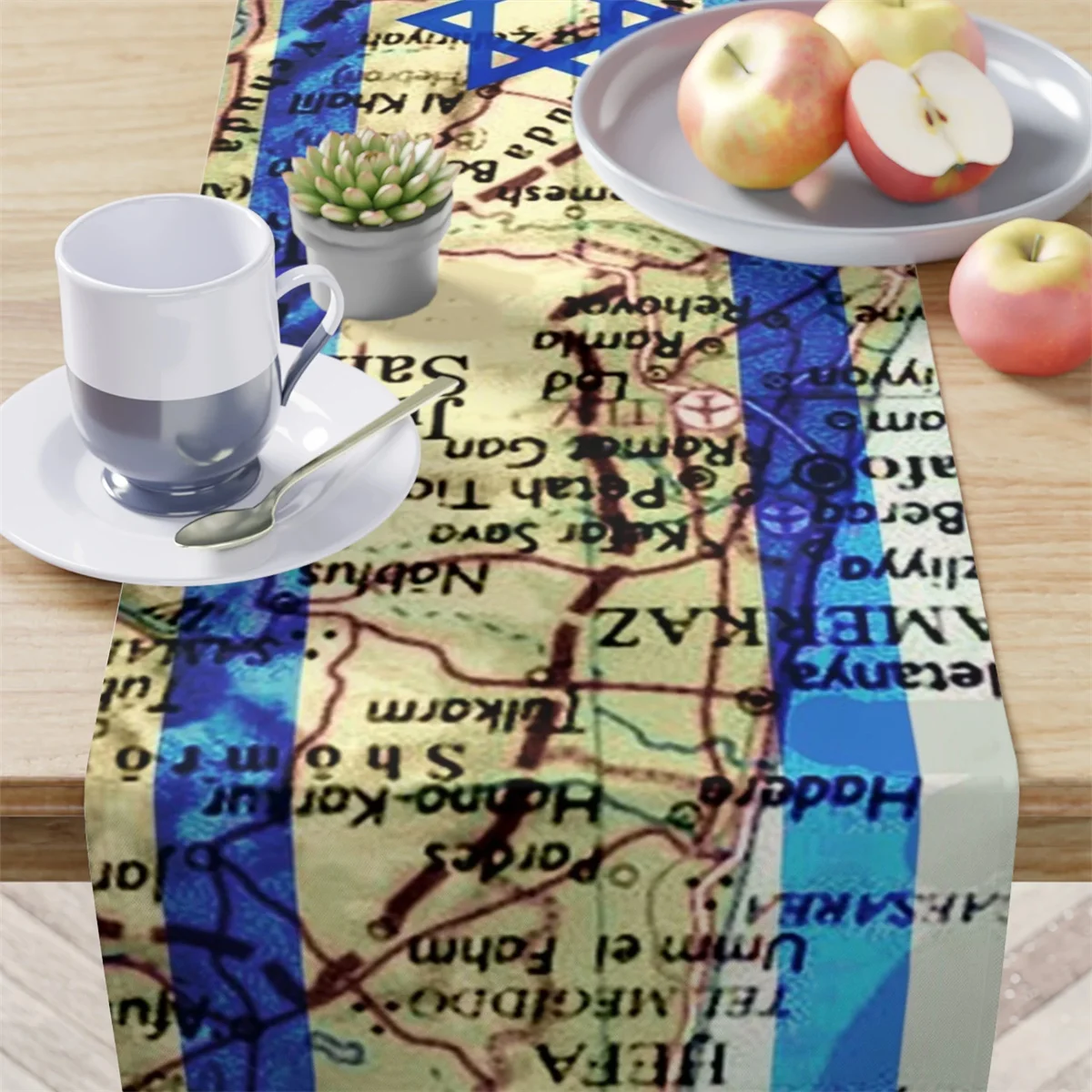 Israeli flag map table runner,  Israeli gift for festivals, Israeli artist, Israeli national map, Star of David