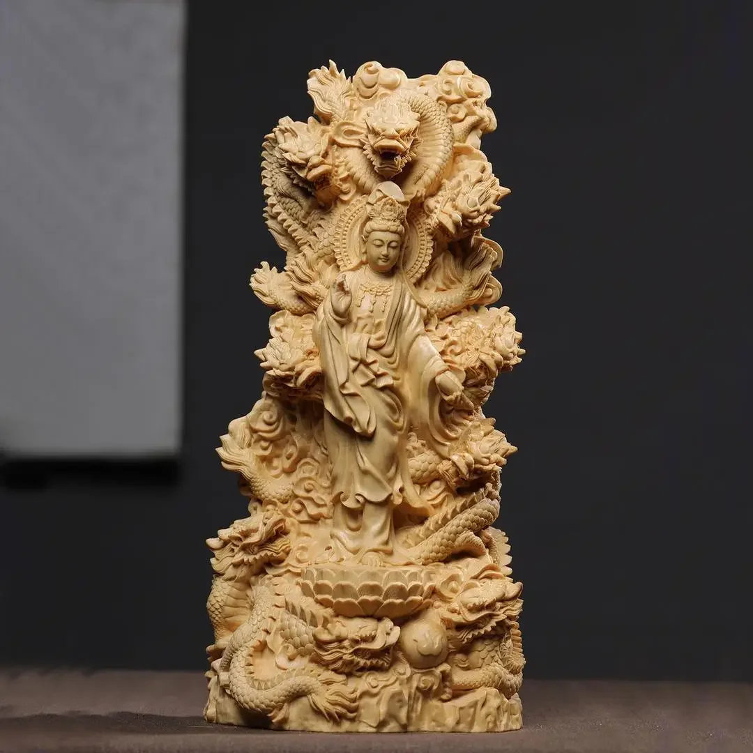 High Quality Wooden Carving Nine Dragons Guanyin Ornament Puxian Bodhisattva Household Home Decor Gift