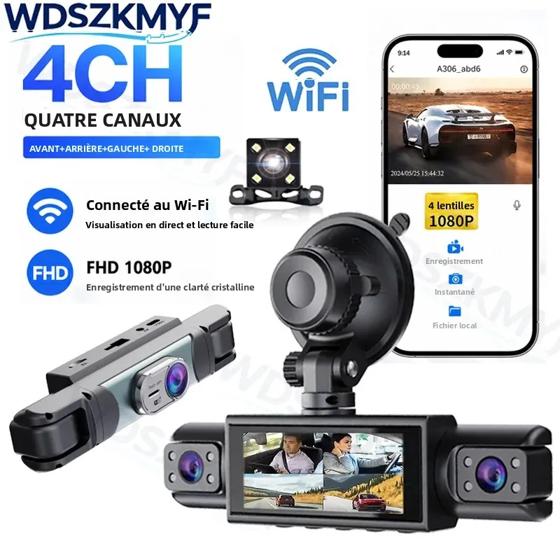 Caméra embarquée WiFi 4 canaux, caméra de recul FHD 1080P, boîte noire pour voitures, 170° °   Enregistrement en boucle grand angle, 3 caméras, accessoires de conduite automobile
