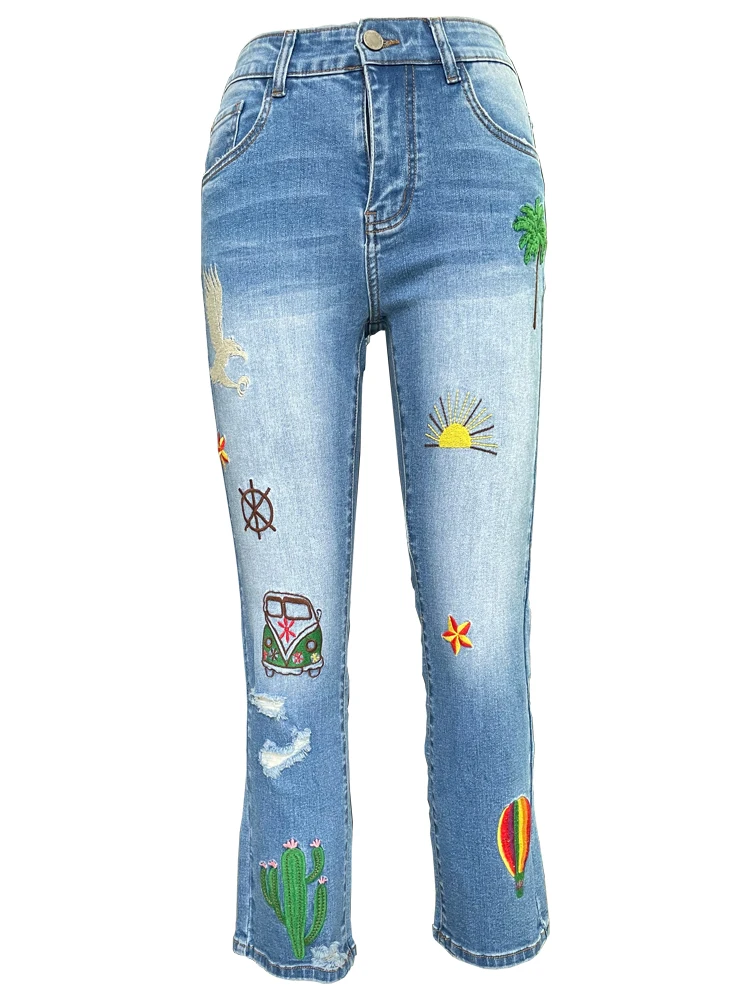 

Women Embroidered Straight Pants Vintage Denim Retro Trousers High Waist Vaqueros Stretch Pantalones Fashionable slim legs Jean