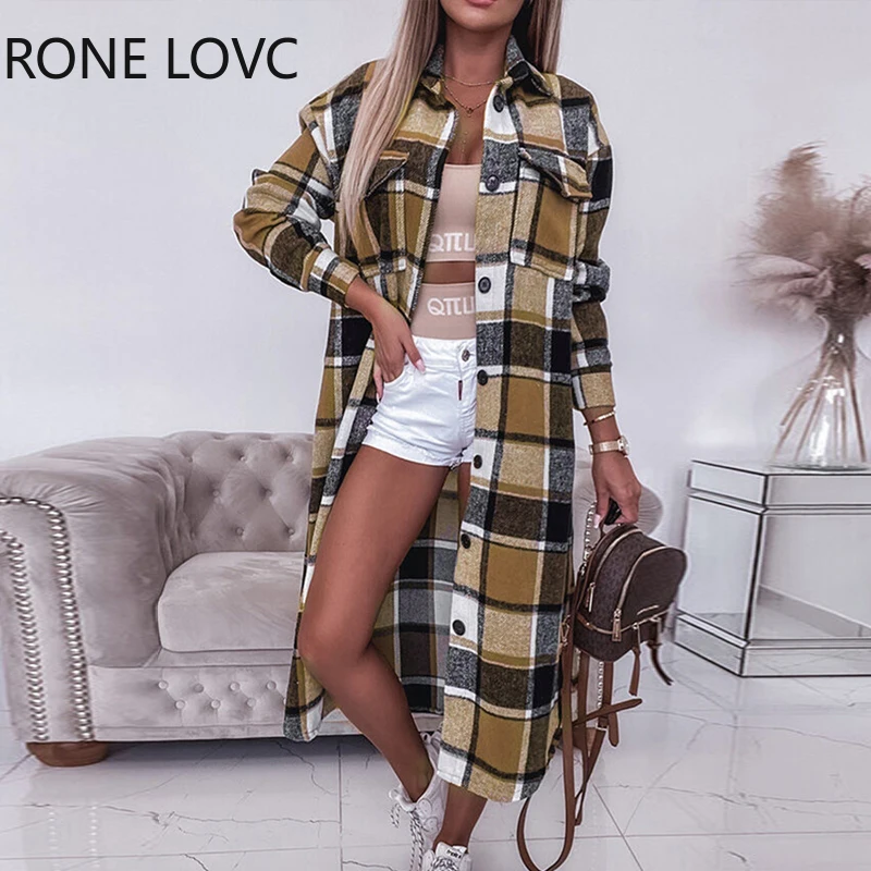 

Women Chic Plaid Pattern Turn Down Collar Long Sleeves X-Long Straight Shirt Jacket Tops