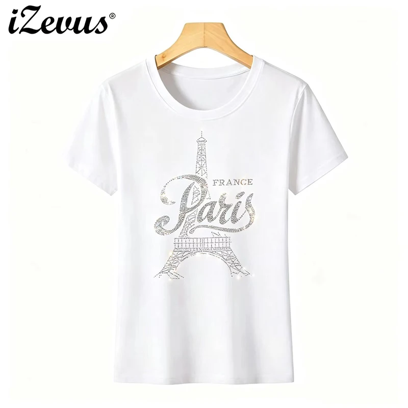 IZEVUS Diamond Titan Women's Summer T-shirt Crystal Diamond Stitching Fashion Short-Sleeved Casual round Neck Top